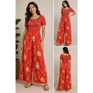 Farm Rio Paraiso Off-The-Shoulder Jumpsuit Red Floral Bird Smocked‎ Wide Leg S